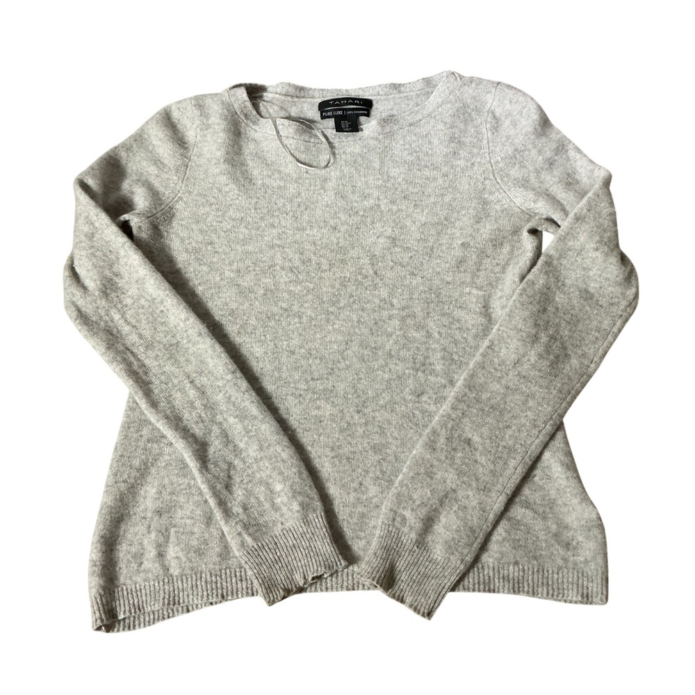 Tahari Pure Luxe 100% Cashmere Crewneck Sweater Womens Medium Gray Soft Knit